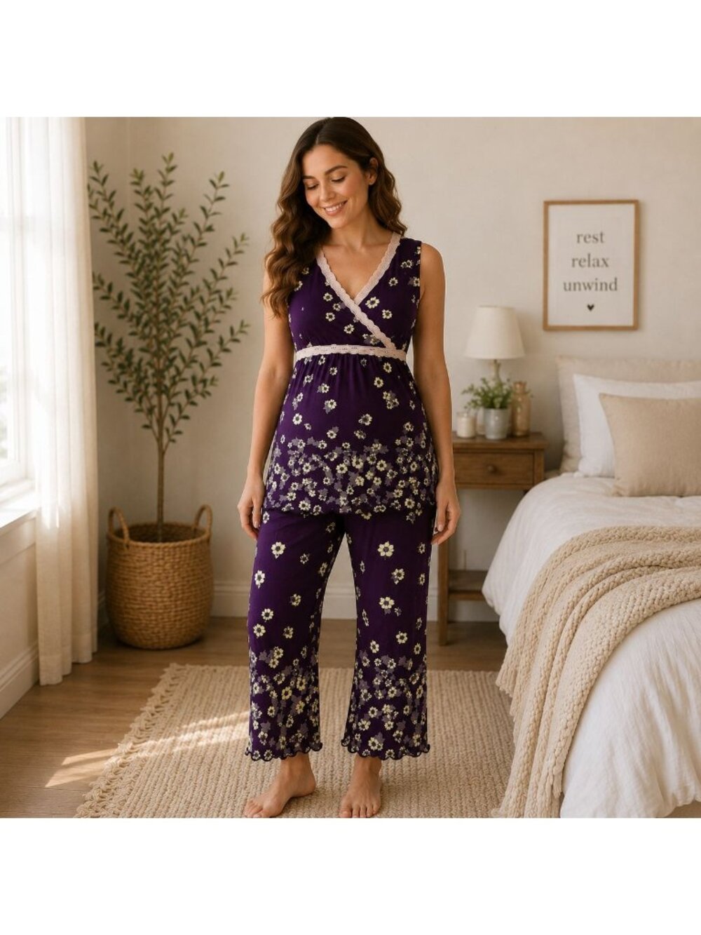Pokkori Maternity Nursing Pajama Set Size L Purple Sleepwear Postpartum Lounger